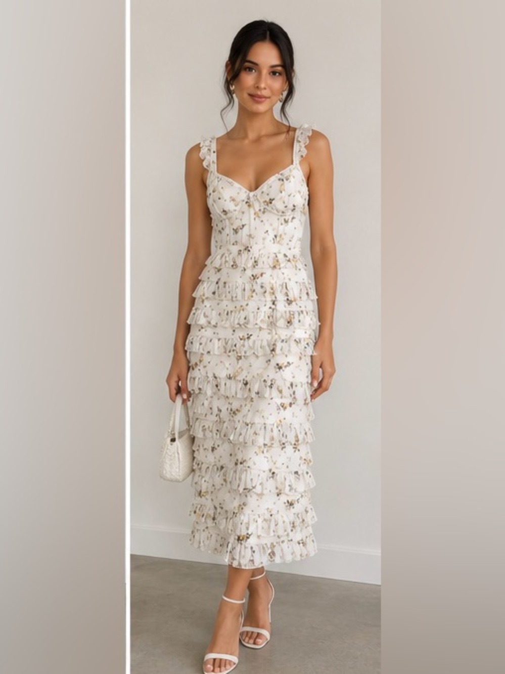 V. Chapman White Floral Ruffle Midi Dress (Revolve) - Bridal